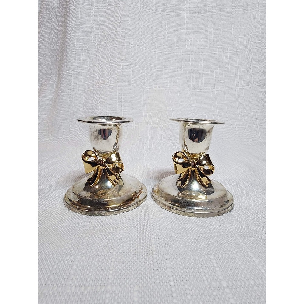 Silver Plated Candlestick Holders Gold Bow Set 2 Christmas Decor Taper Holders